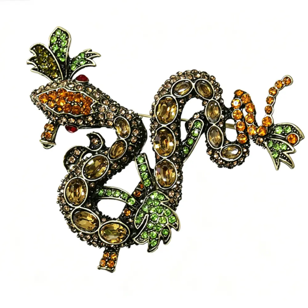 Vintage Dragon Brooch Antique Bronze Multi Color Citrine Peridot Rhinestone Unisex Auspicious Animal Suit Lapel Pin