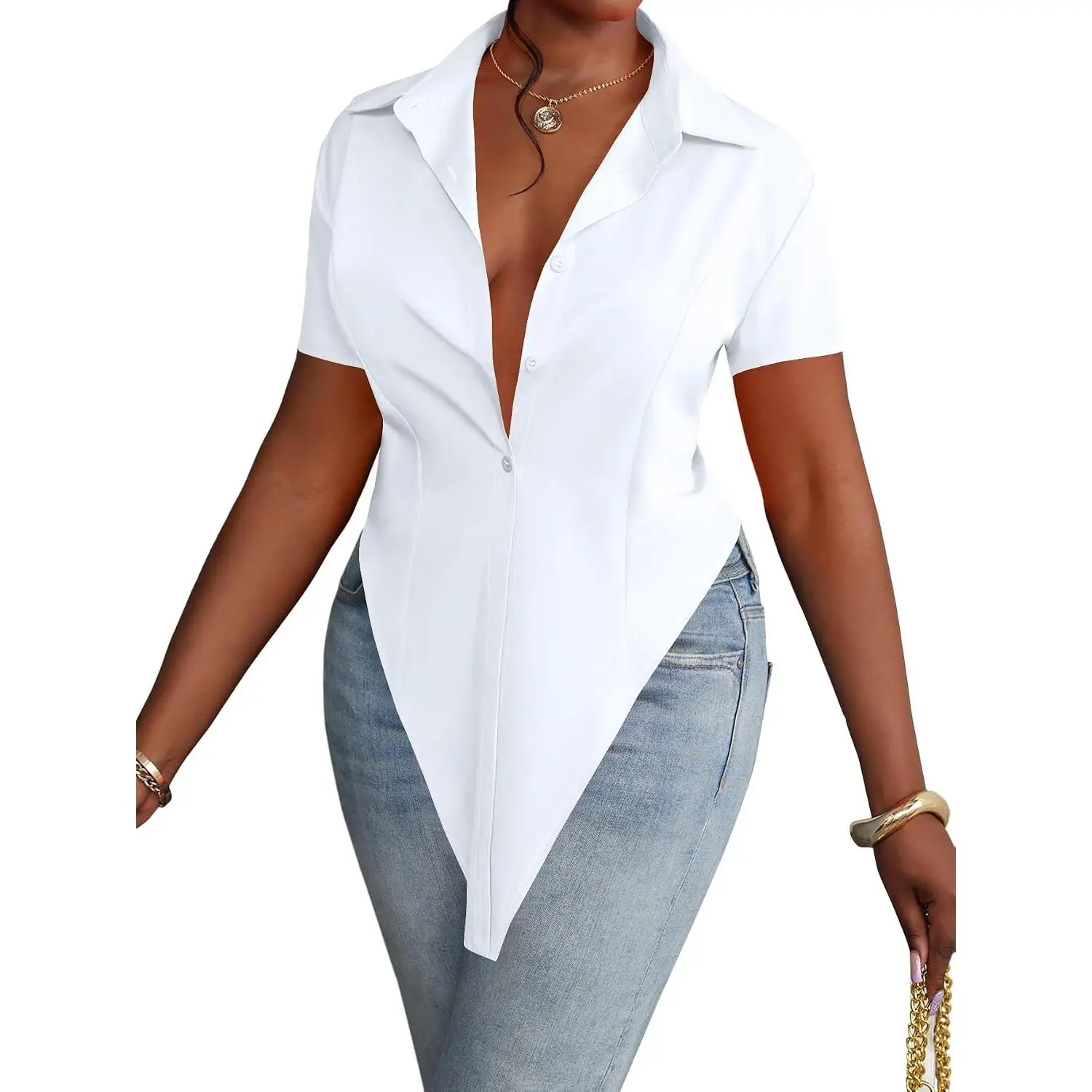 Women's Casual Fashion Collared V-Neck Open Front Short-Sleeve Asymmetrical Slit Hem Long Blouse Top