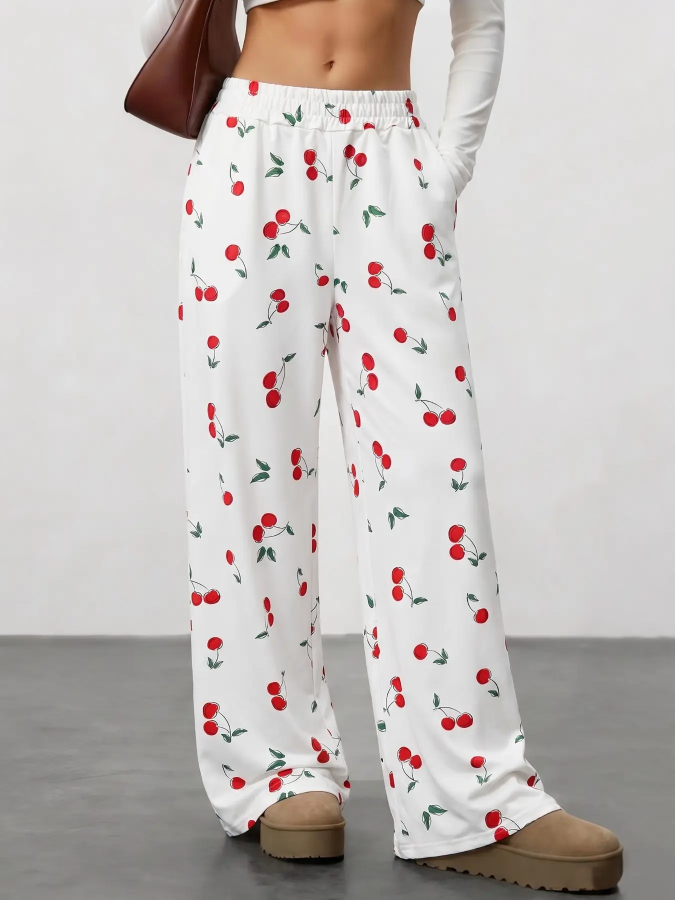 White Base Red Cherry Allover Print Wide Leg Floor Pants, Full Elastic Waist + Side Pockets, High Waist Loose Drape Straight Fit, Soft Stretch Fabric, Sweet American Teen Style, Multi-Occasion Loungewear/Street/Crop Top Matching Wear