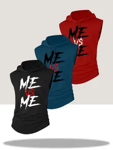 3 Pack Men's "ME VS ME" Aggressive Font Print Sleeveless Hooded Tank Tops Motivational Gym Quote Crewneck Hoodie Vests For Workout Training Streetwear Casual Outfits Men's 3 Counts Multi Color "ME VS ME" Inspired Sleeveless Hooded Tank Tops Breathable Cot