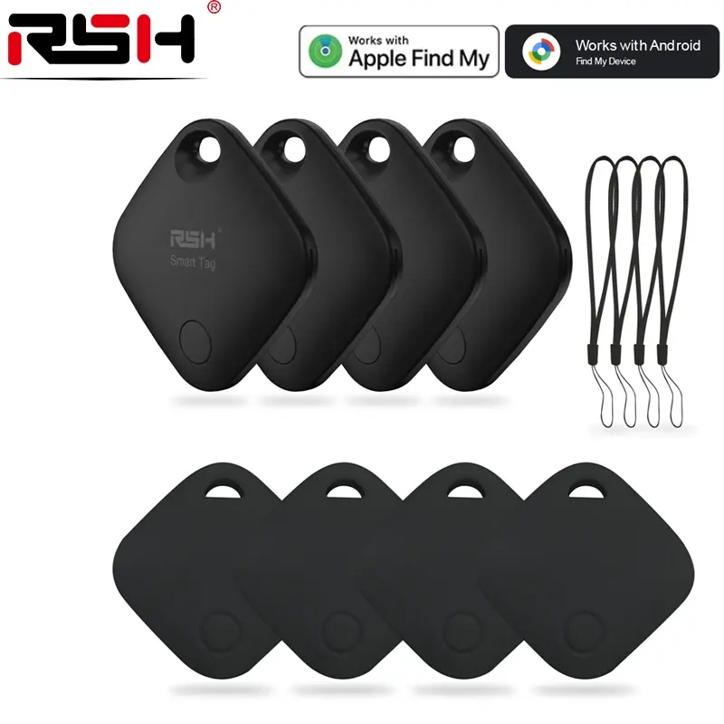 Rsh Tracker Smart Tag Lost Alarm Bundle Pack, Wireless Smart Tracking Tag Finder Tag, Compatible with Apple Find My/google Find HUB, Includes 4 Tags + Silicone Cases + Lanyards with iOS apple or Android phones