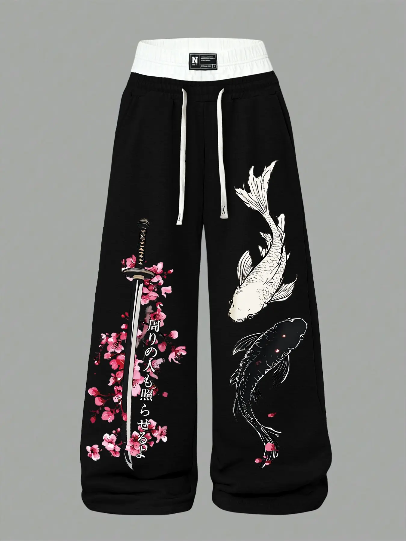 Tokyo Samurai Cherry Blossom Koi Print Wide Leg Sports Pants, High Elasticity, Anti-Wrinkle, Deep Pockets, Streetwear, Spring Fall