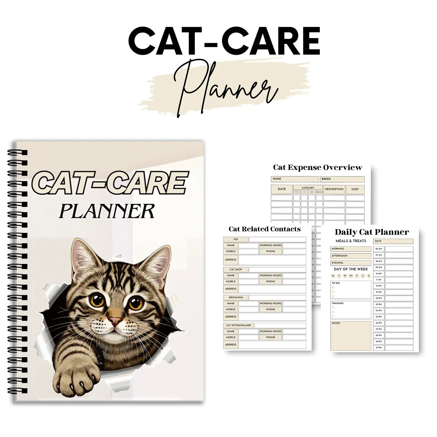 Cat Care Planner Essential for Cat Lovers, Pet Feeding Vaccine Deworming Health Management, Spiral Notebook for Cats
