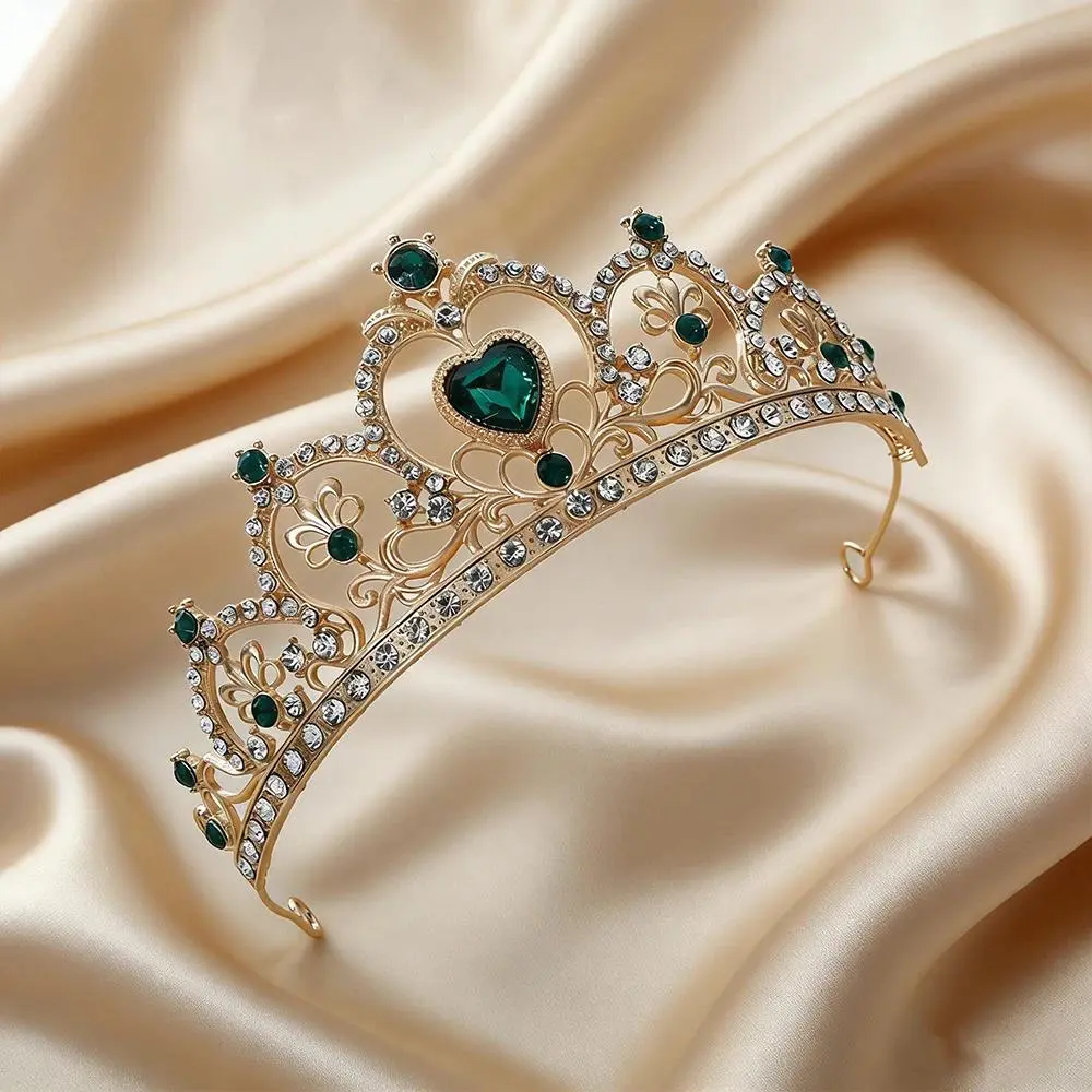 Vintage Gold Baroque Tiara with Heart-Shaped Clear Rhinestones Elegant Princess Crown Bridal Weddings Proms Pageants Cosplay