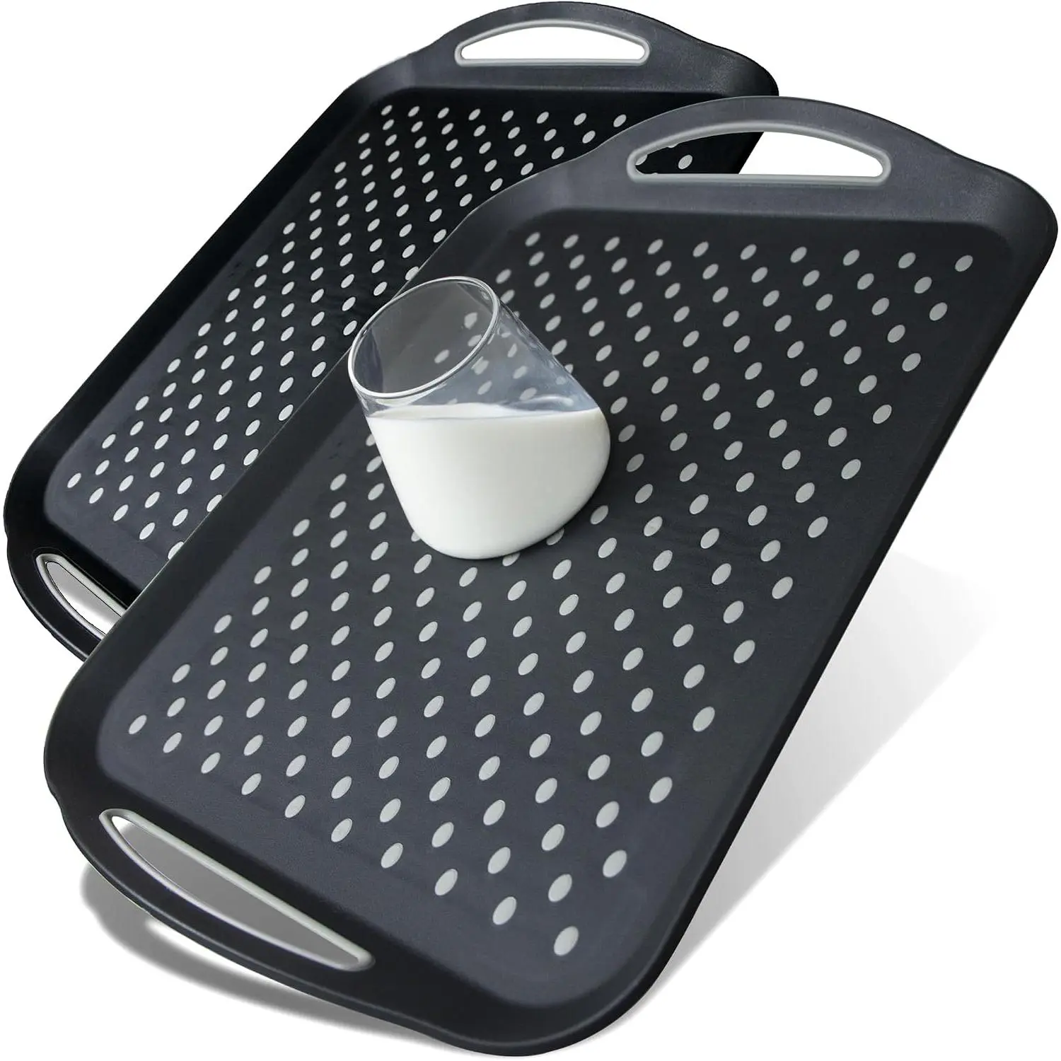 Set of 2 Black Rectangular Nonslip Home Organizer Trays with Handles & Silicone Dots, Dishwasher-Safe Lap Trays for Breakfast, Food & Beverages