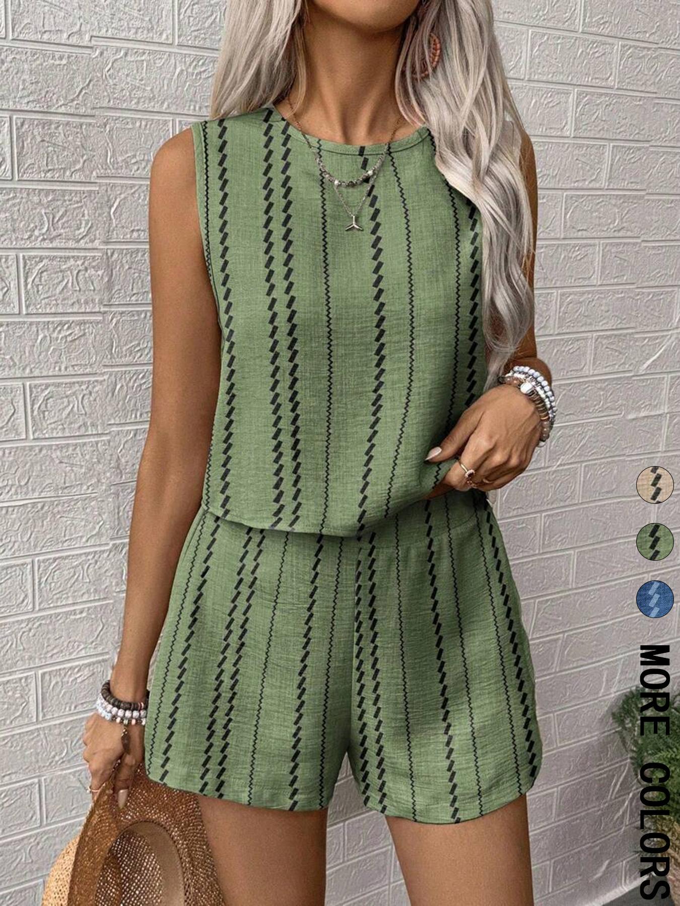 Two-piece Set Women's Striped Print Crop Tank Top & Shorts, Casual Sleeveless Round Neck Top & Shorts for Summer, Ladies Clothes for Daily Wear, Casual Matching Set