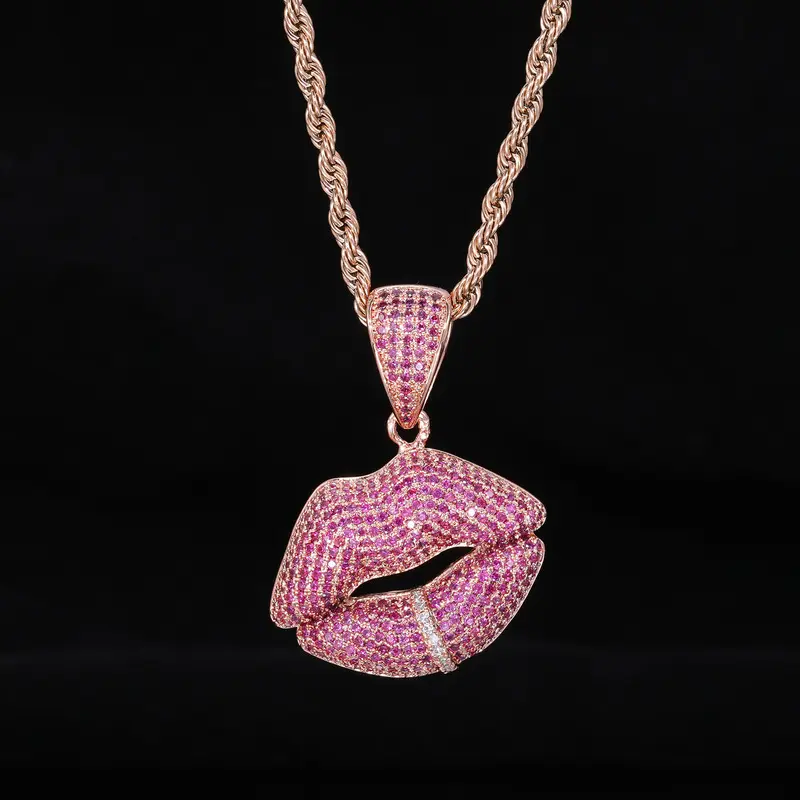 18K Rose Gold Plated Iced Out Red Lips Pendant Necklace, Luxury Celebrity Glam Lip Charm Jewelry for Women, Romantic Love Symbol,Sexy Glamour Chain, Hip Hop Streetwear Fashion, Perfect Girlfriend Wife Valentine Birthday Gift, Party Club Festival Jewelry