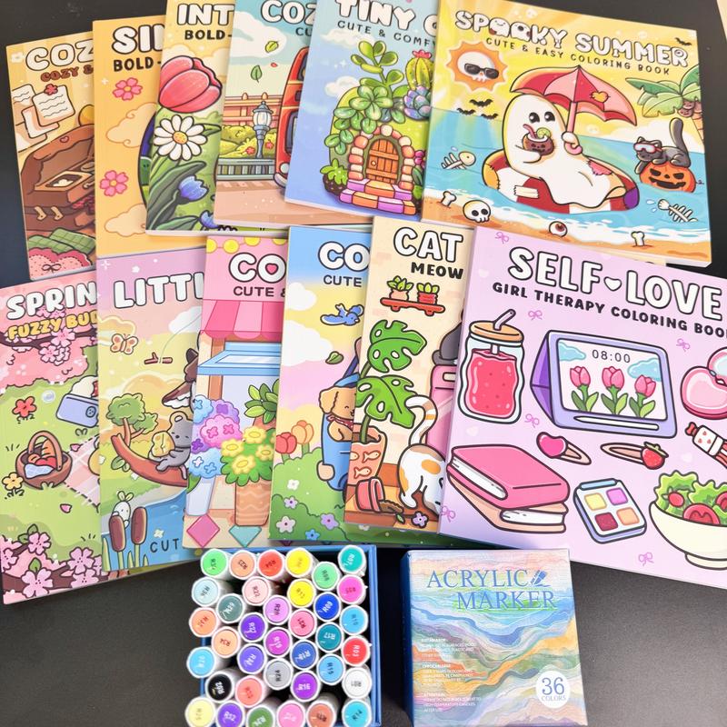 12-Piece Thick Coloring Book Set with 36 Colors, Coloring Book Markers, Cute Designs, Multiple Themes, Perfect for Daily Leisure & Holiday Gifts