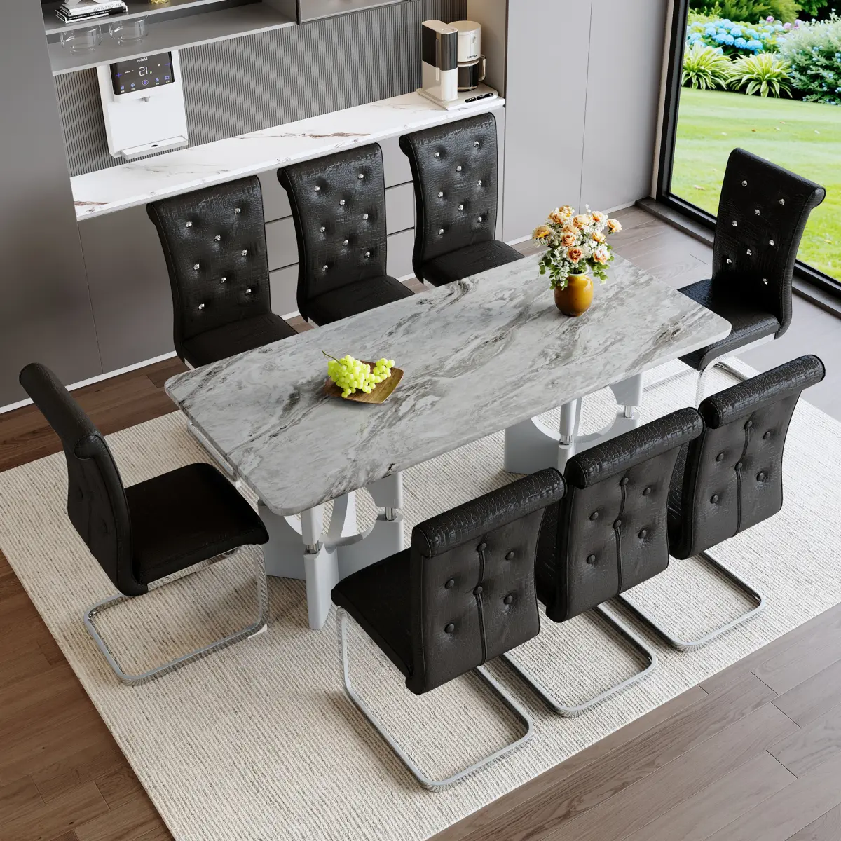 Aobtkel 9-Piece Modern Dining Table Set - 1 Rectangular Premium Faux Grey Marble MDF Tabletop, 8 Tufted Black Upholstered Chairs, Silver Metal Sled Legs, Durable Build for Heavy Daily Use, Seats 8, Indoor Kitchen Furniture