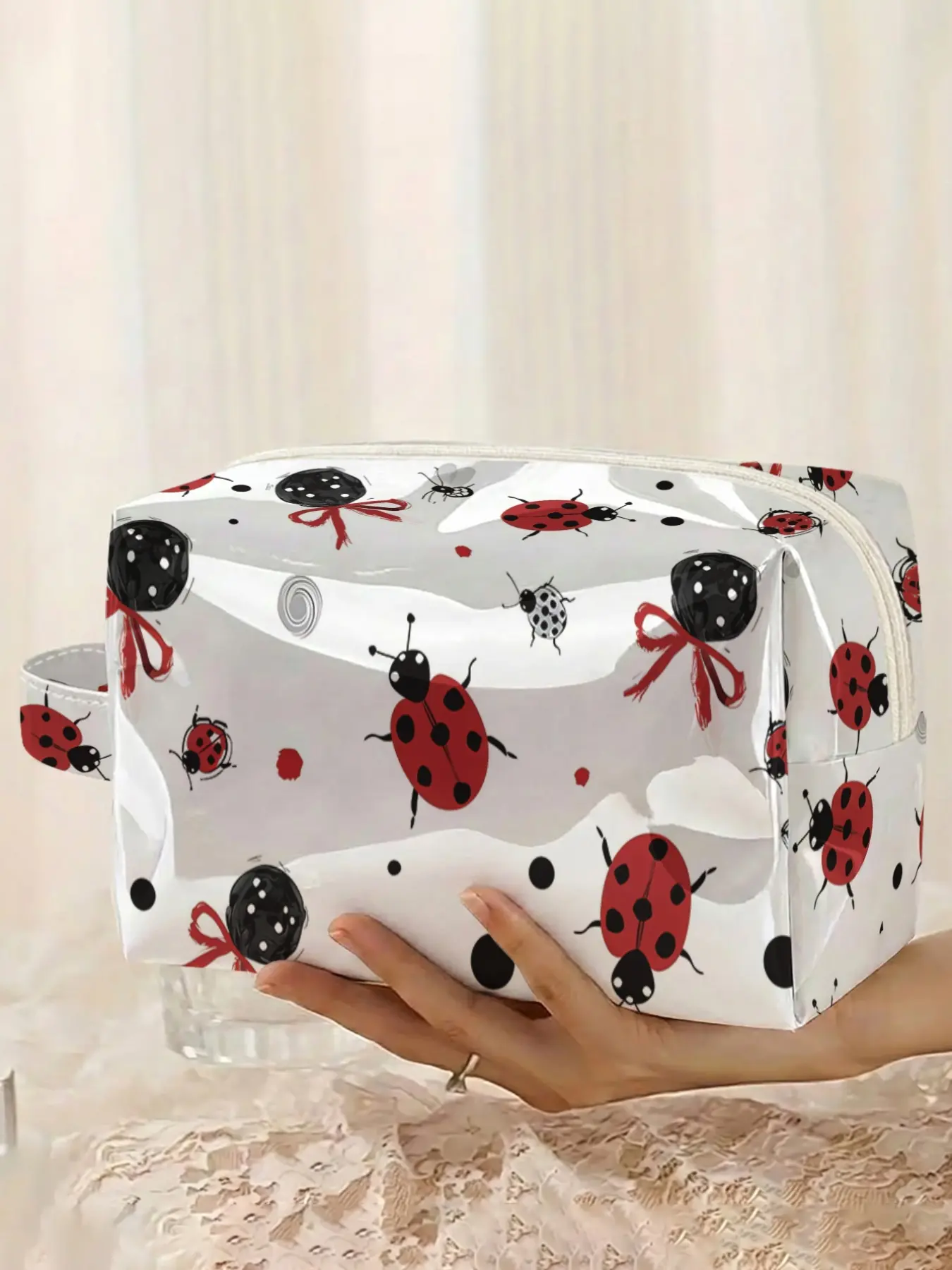 Hand-painted Cute Cartoon Ladybug Bow Polka Dot 2D Print, Glossy PVC expandable toiletry bag with handle, ideal for short trips.