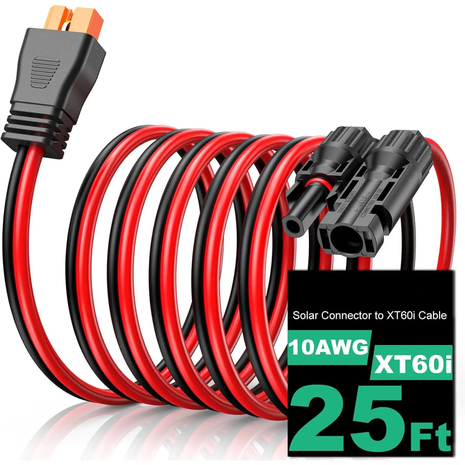 10AWG XT60i Outdoor Water Resistant Cable (40A 50A Max., -40℉ to 221℉) - 25FT & 3/10/15/20/30/40/50FT Options, Panel to XT60i Extension for Solar Power System, Portable Power Station