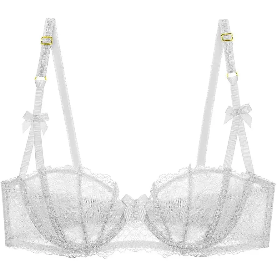 Women's Lace Unlined Balconette Demi-Cup Underwire Sheer Bra