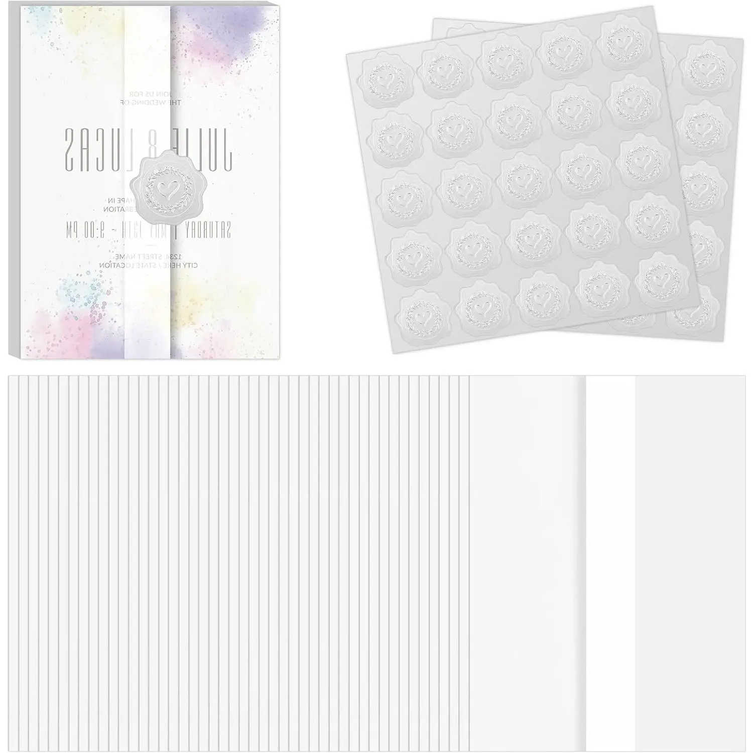 50 Pack Pre-Folded Vellum Jackets for 5x7 Invitations Vellum Paper, Wedding Invitation Accessories with Sealing Stickers, 115 GSM Translucent Wraps for Wedding Invitations Cards  Shower Birthday