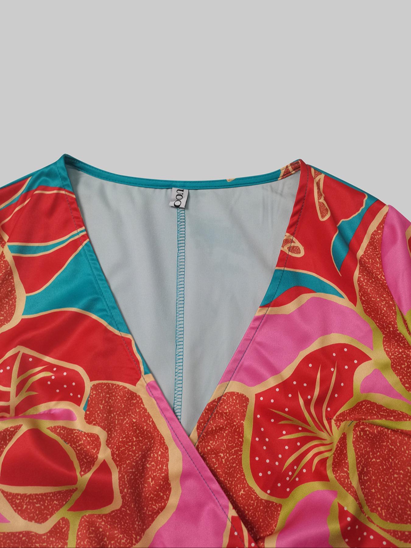 Women's Floral Print Wrap Deep V Neck A Line Dress, Elegant Classy Flattering Short Sleeve Pocket Maxi Dress for Party Holiday Wedding Guest, Ladies Summer Clothes