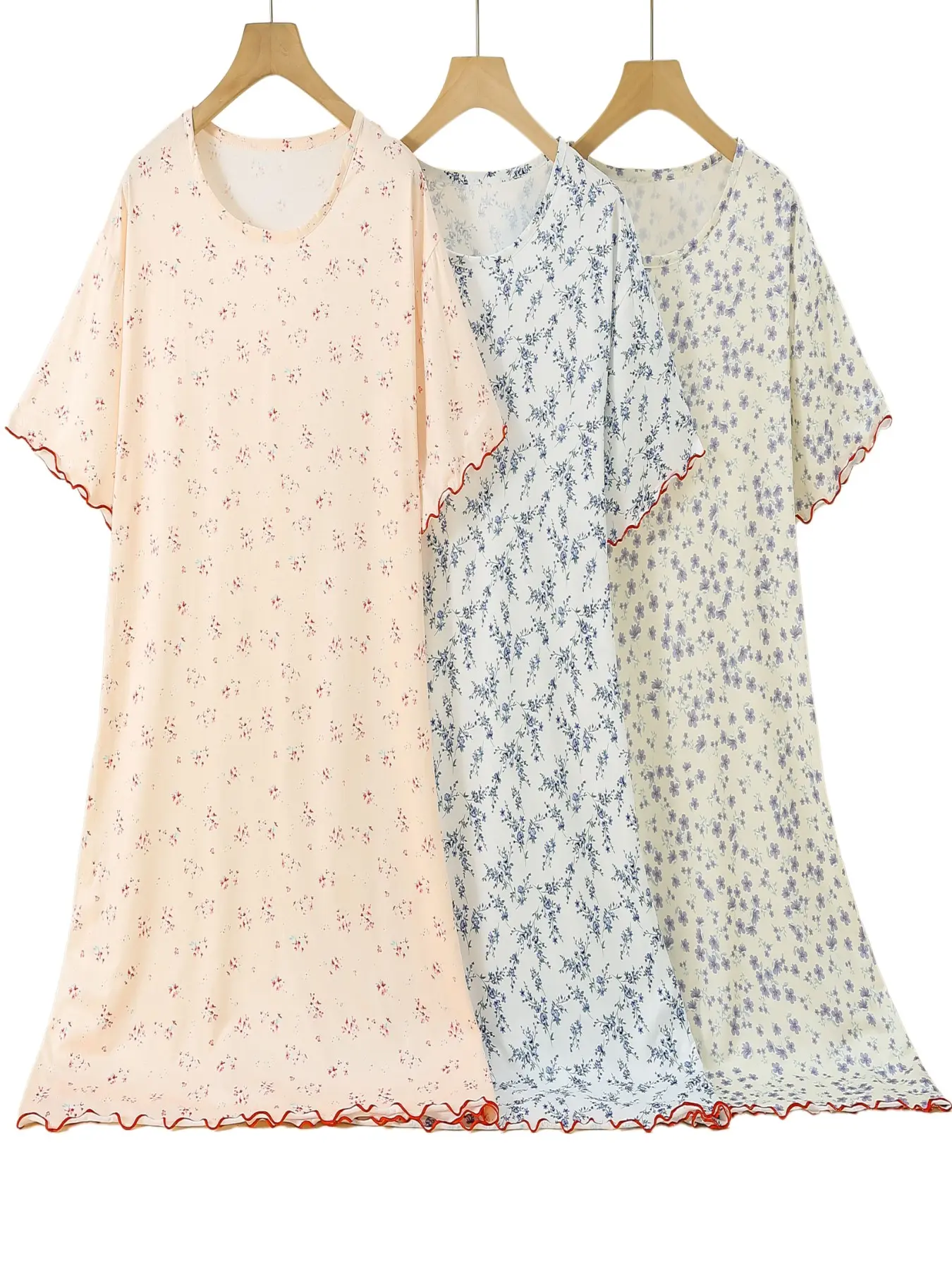 3-Pack Short Sleeve Summer Nightdresses, Printed Nightgown, Soft Sleepwear, Loose-Fit Floral Print, Comfortable Casual Sleepwear, Round Neck, Multi-Colors, Home Wear, Night Gown Loungewear