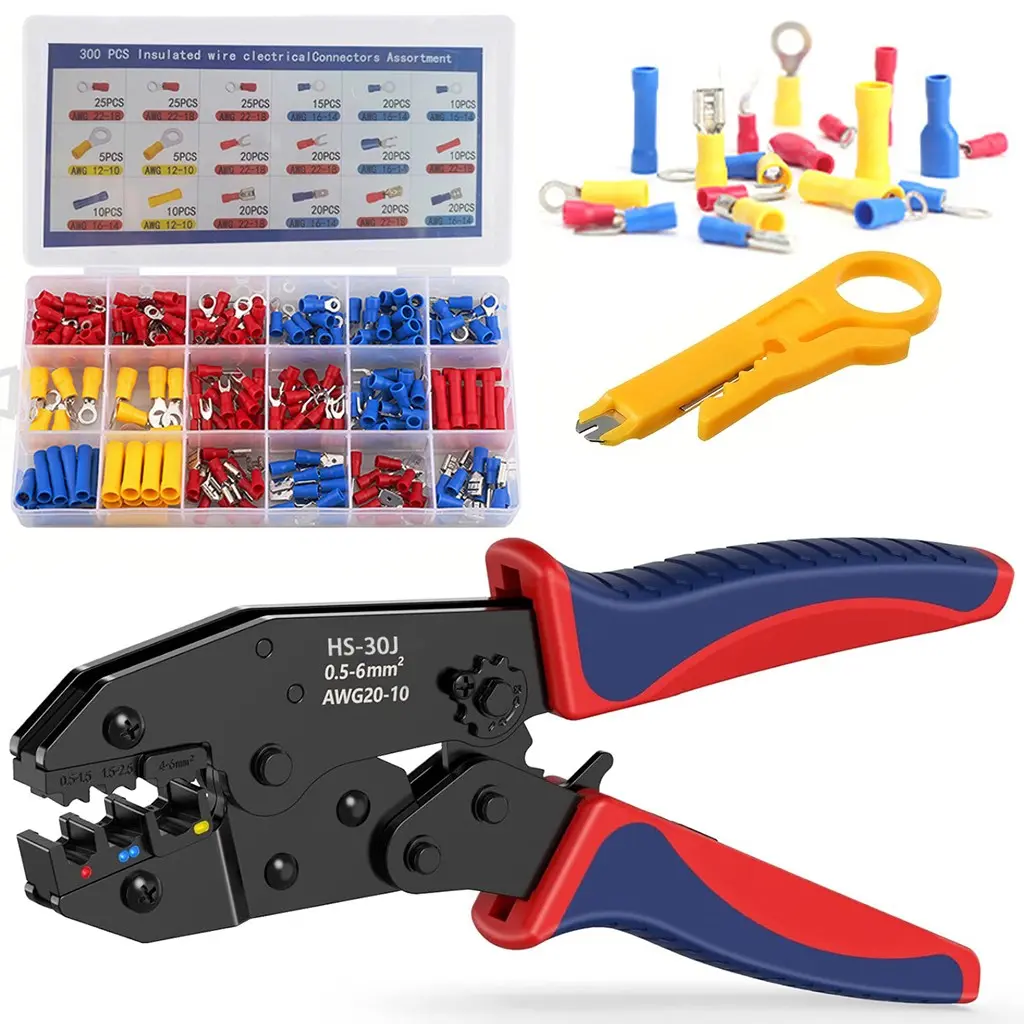 Crimping Tool For Heat Shrink Connectors & 300PCS Wire Terminals Connectors,-AWG 20-10 Ratchet Wire Terminal Crimper-Ratcheting Crimper Tools-Available For Insulated Nylon Connectors and Electrical Wire Connectors, DIY Projects