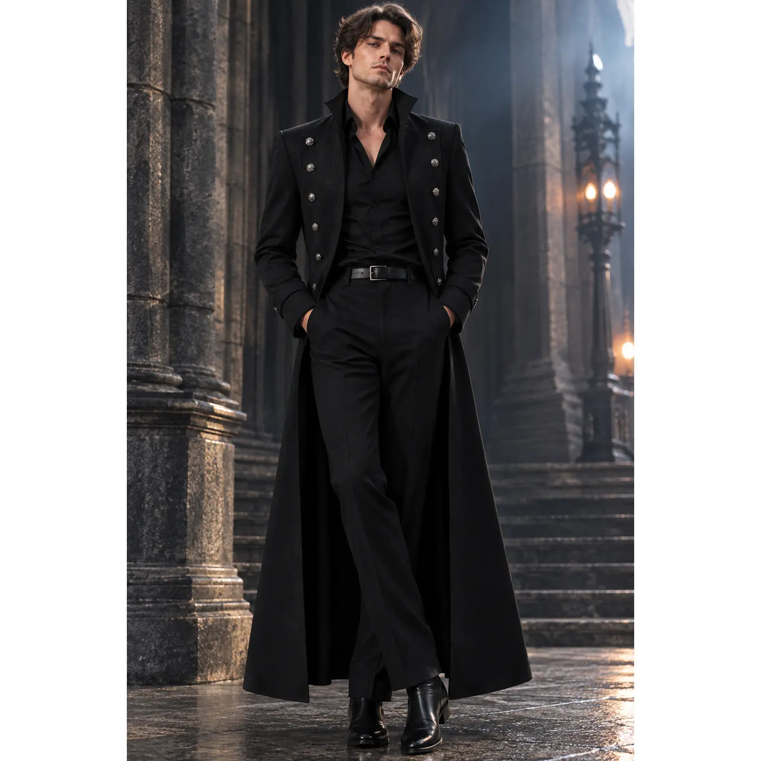 Men Vintage Gothic Long Overcoat, Stand Collar Double Breasted Victorian Tailcoat, Stylish Retro Long Costume Coat, For Vampire Cosplay, Theater Performance, Costume Party, Gothic Themed Gathering And Holiday Dress-up Scenarios