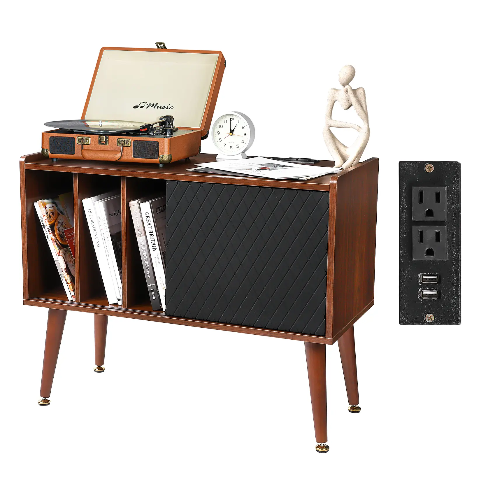 Mid-Century Rustic Record Player Stand & Vinyl Storage Cabinet - Sliding Door, Built-In Charging Station, Holds 230–300 Albums, Turntable Table for Living Room/Bedroom/Office - Brown