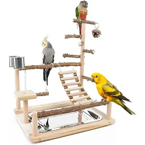 Tall Wooden Parrot Playstand Game Table with Feeder & Standing Block (G-500)