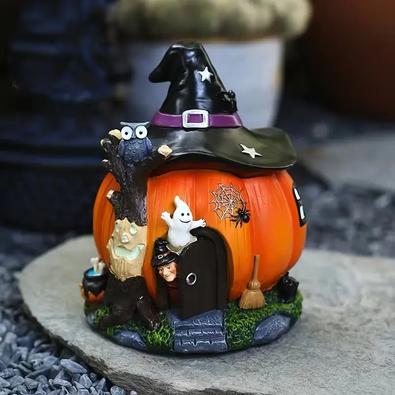 Halloween Witch Pumpkin House Resin Statue, Spooky Garden Decor, Creepy Details, Outdoor Yard, Patio & Home Halloween Decorations