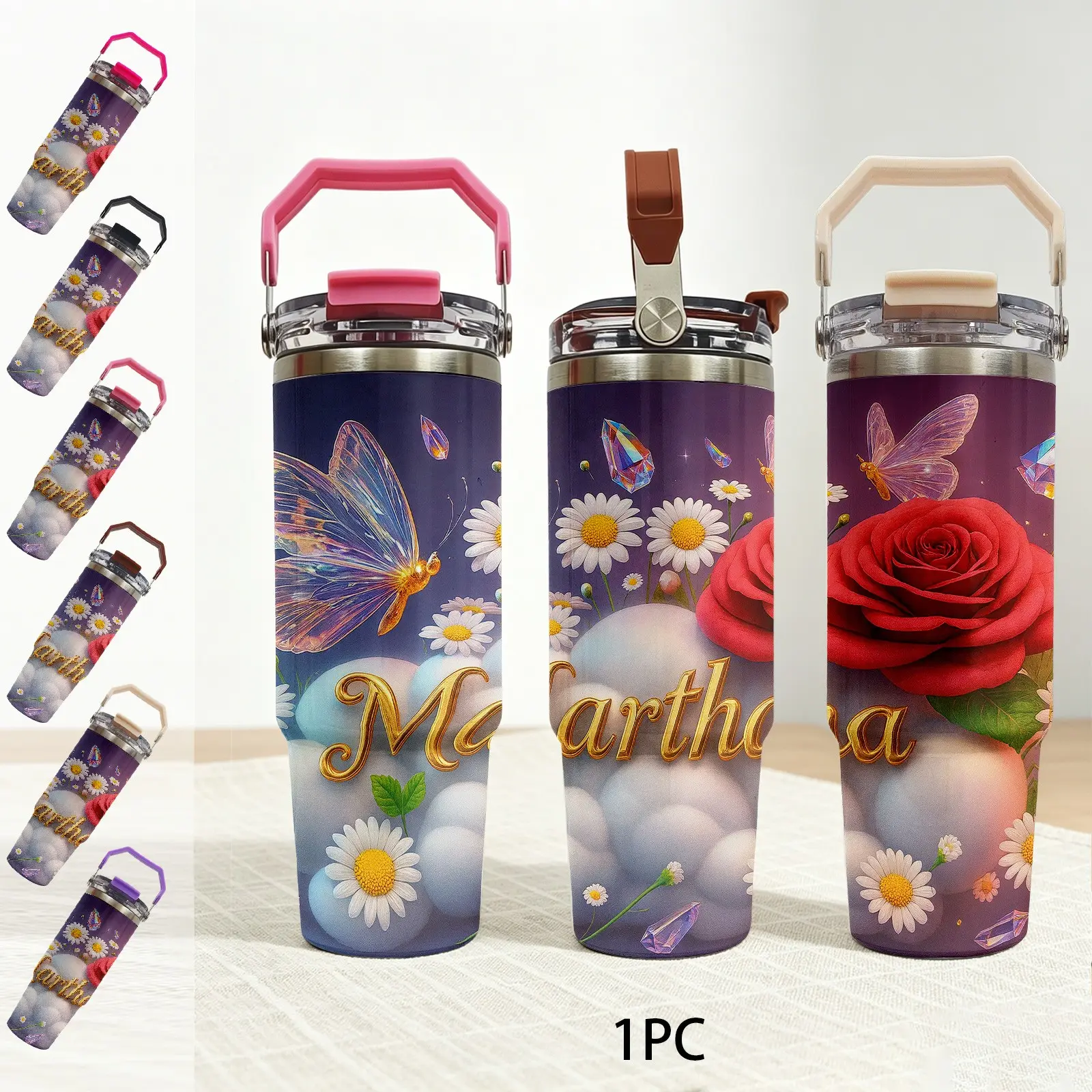 Fantasy Daisy Rose Butterfly Pattern 30oz Vacuum Travel Portable Ice Tumbler, 1pc, 304 Stainless Steel Double Wall Insulation, Dual Drinking Mouth, for Iced Drinks Shopping, Valentine's Day Gift for Girlfriend