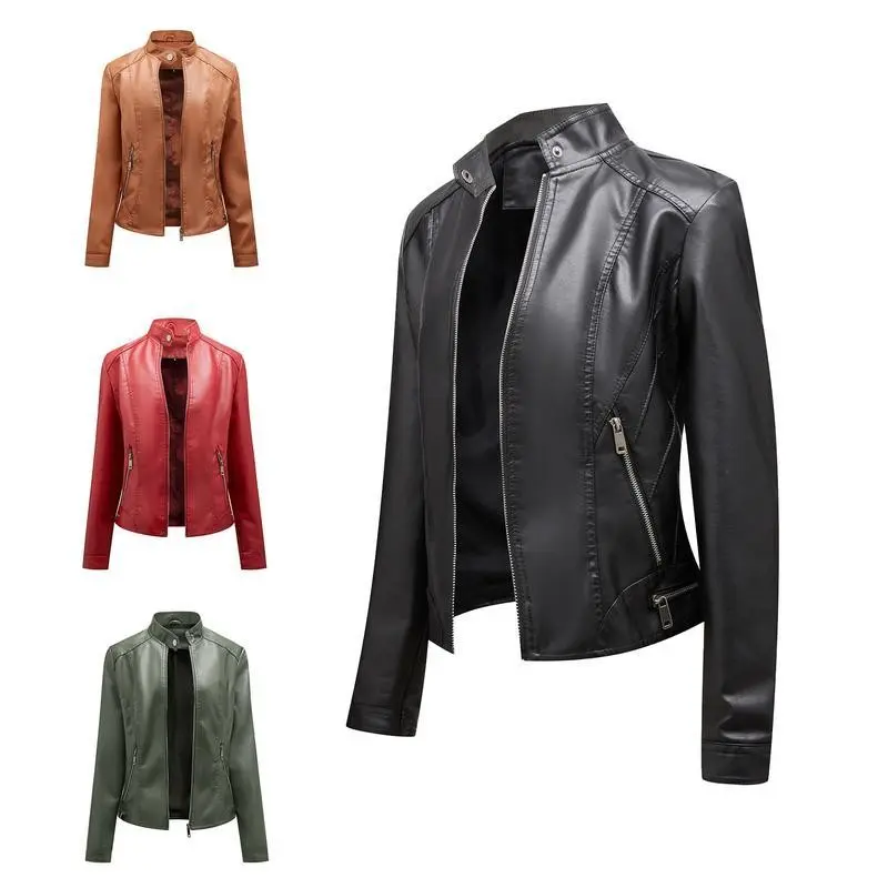 2025 New Simple Casual Leather Jacket for Women with Stand Collar, Zipper, Slim Fit, Motorcycle Style, Short Coat for Women