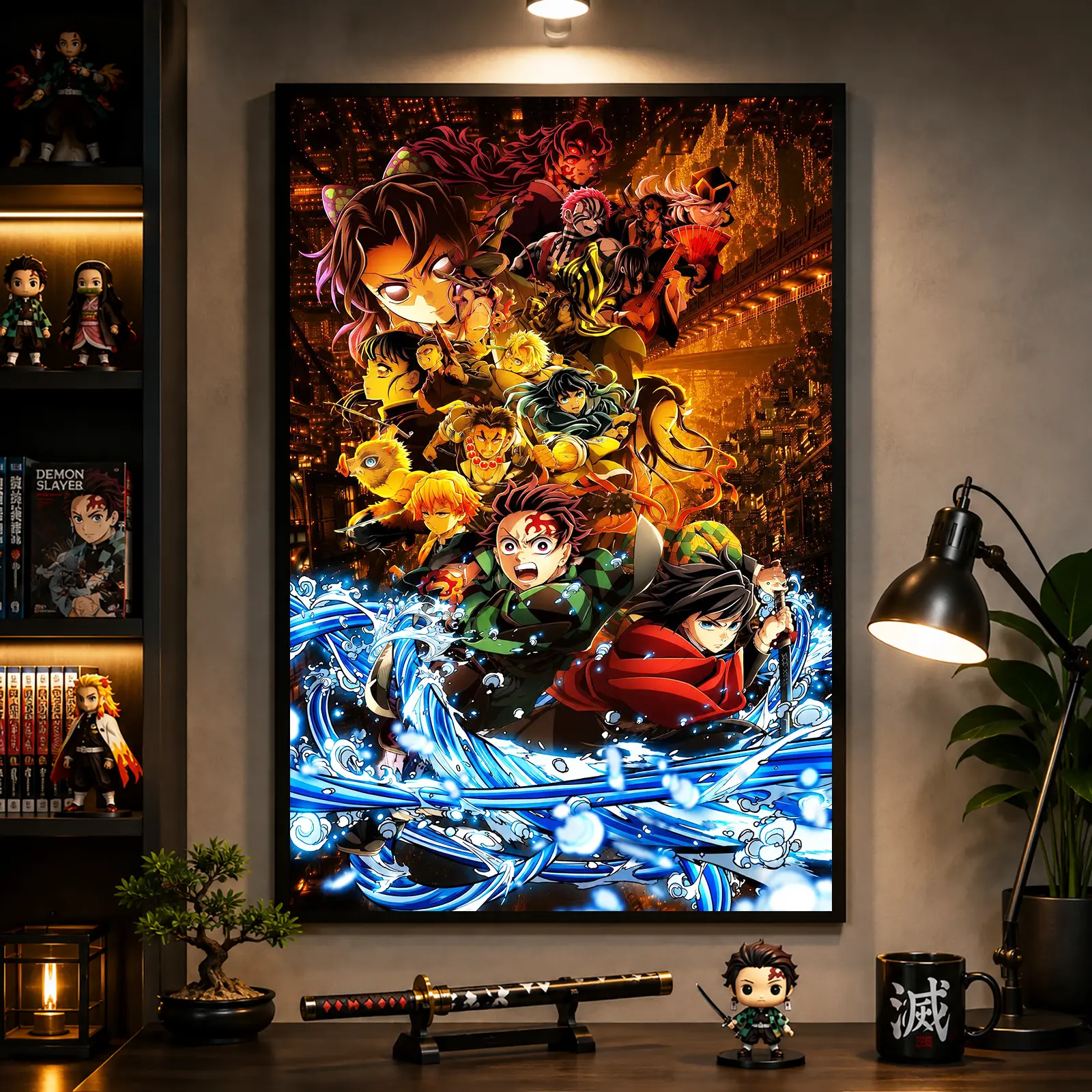 Demon Slayer Kimetsu No Yaiba Anime Canvas Wall Art Poster,Vibrant All Characters Water Breath Splash Frameless Canvas Print, Japanese Manga Decor Poster for Bedroom Gaming Room Otaku Man Cave Home Wall Decor, 1 Panel Unframed Canvas Painting