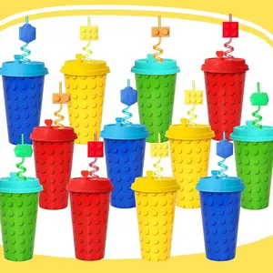 24 Sets Building Blocks Party Favor Cups with Straws 16 OZ Bricks Cups with Lids for Building Block Birthday Party Decorations Supplies