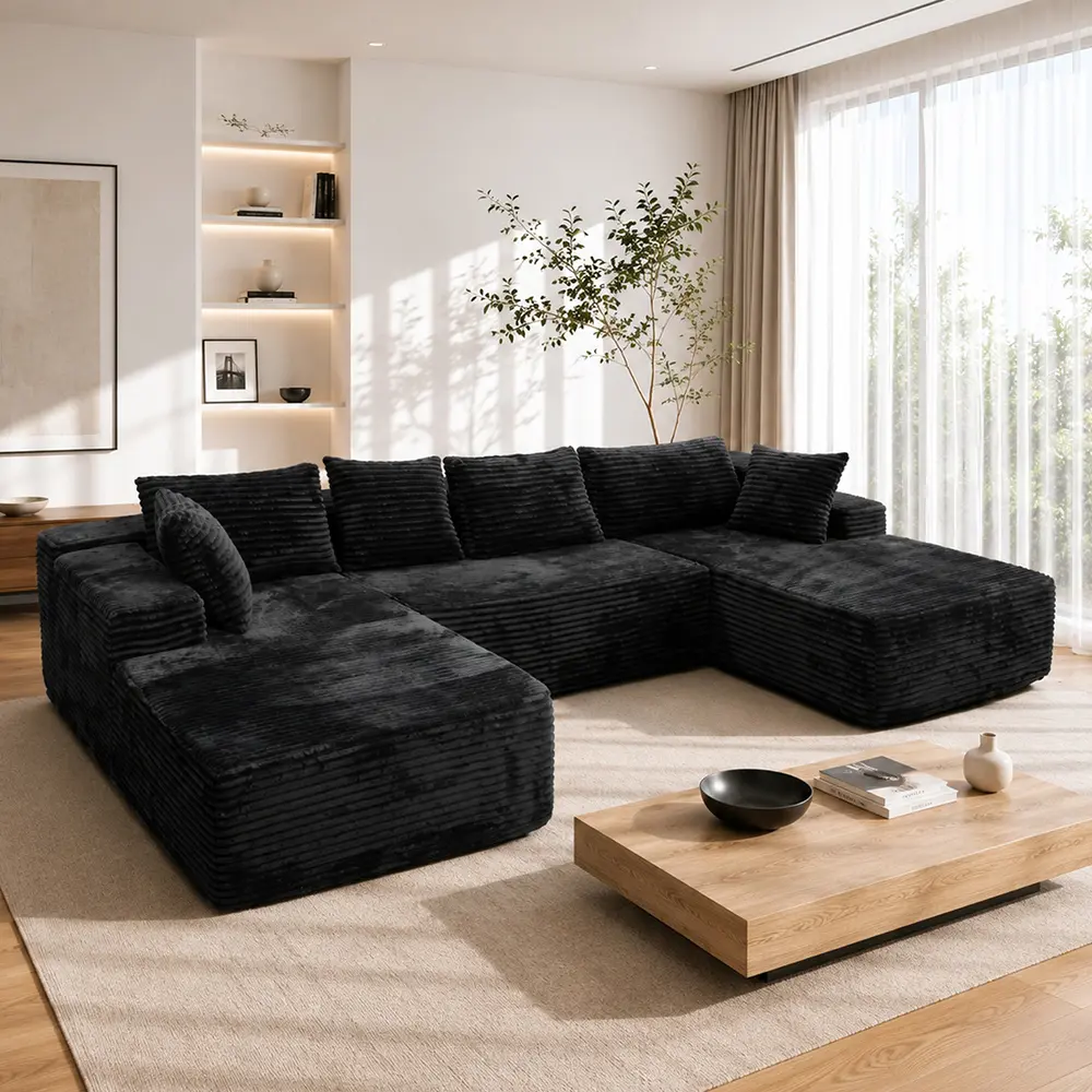 118" U-Shape,Modular cloud couches with chaise lounges,Boneless Sectional couch with 6 Soft Pillows(3L/3S),Plush Corduroy Fabric,Deep seat,Modern UpholsteredSofa for Livingroom Apartment,NoAssembly Required