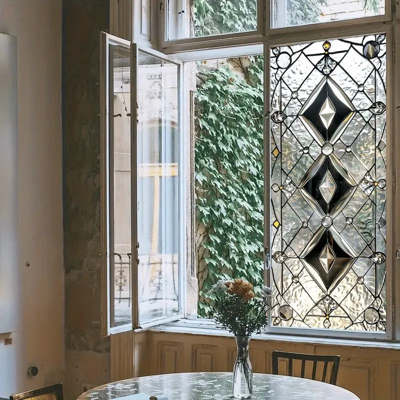 Black White Diamond Leaf Window Film, Transparent PVC Static Cling Glass Sticker, Removable Decorative Window Privacy Film for Bedroom Shop Home Decor, Removable Window Decal