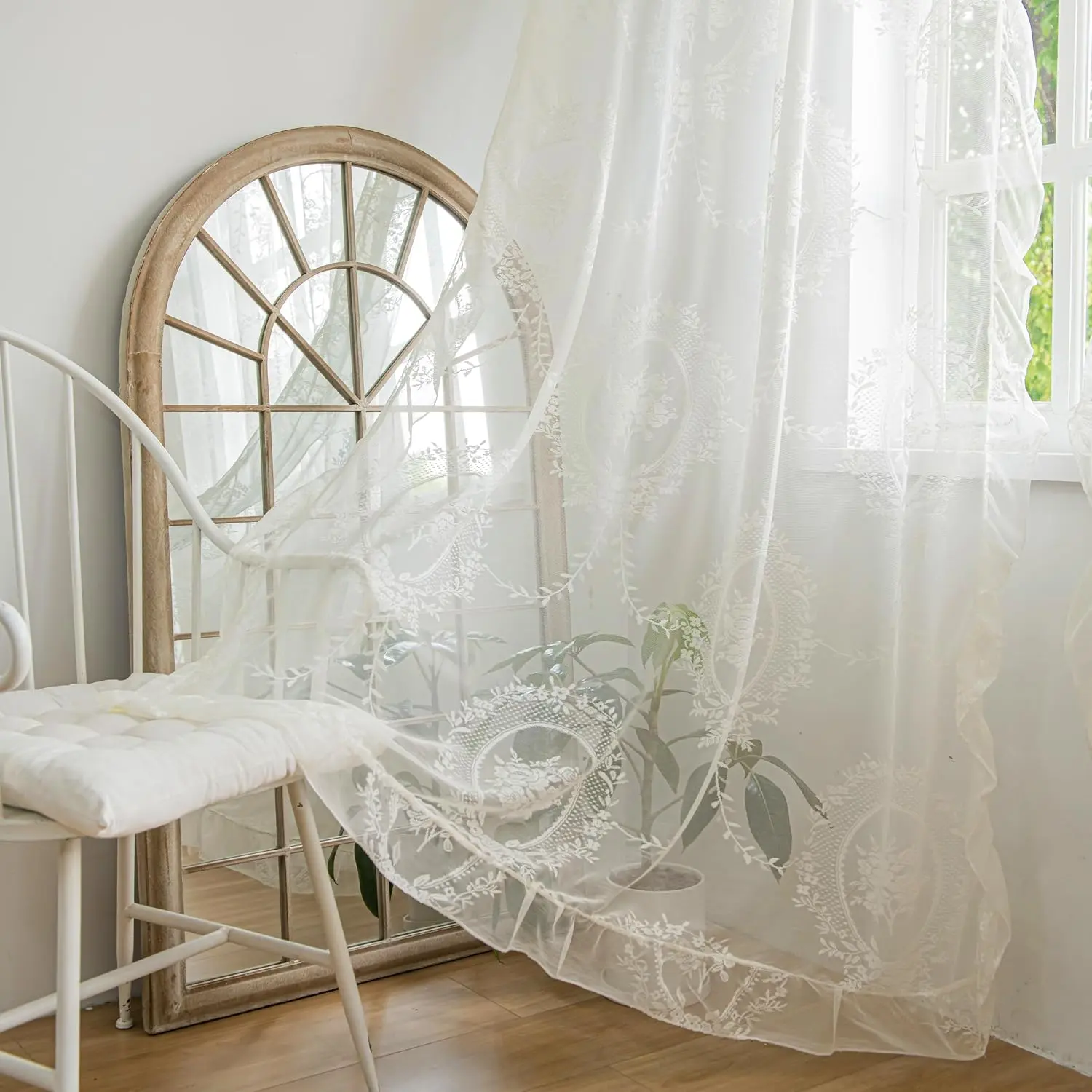 Ivory Lightweight Lace Curtains 2-Set (W57xL84in), Classic Vintage Rose Floral Emb Sheer Voile Panels, Retro Charm Bedroom Decor Window Treatment for Living Room, Rod-Included Retro Christmas Accent