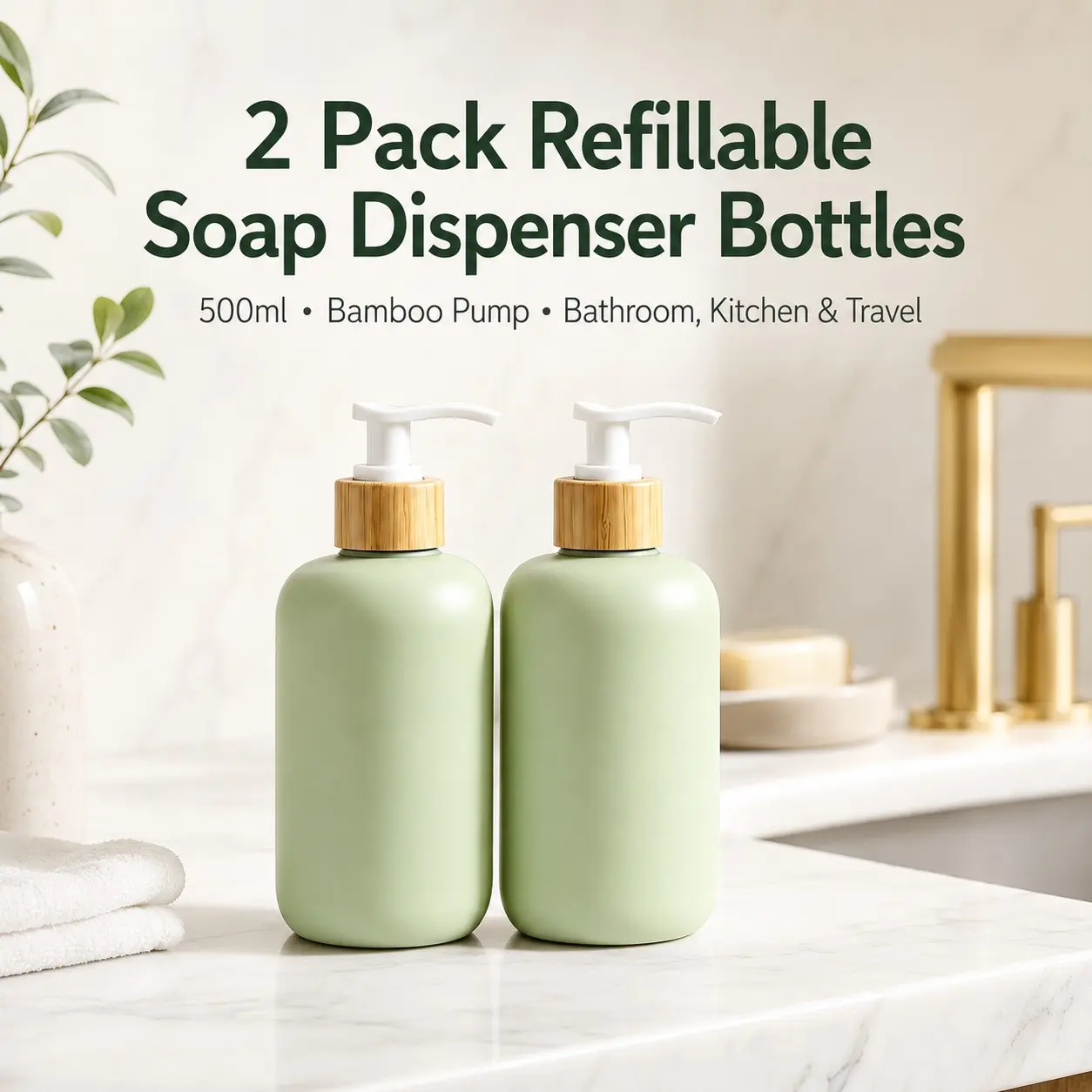 2-Pack 500ml Matcha Green Refillable Pump Bottles, Shampoo, Conditioner, Body Wash and Lotion Dispenser Set for Bathroom and Kitchen
