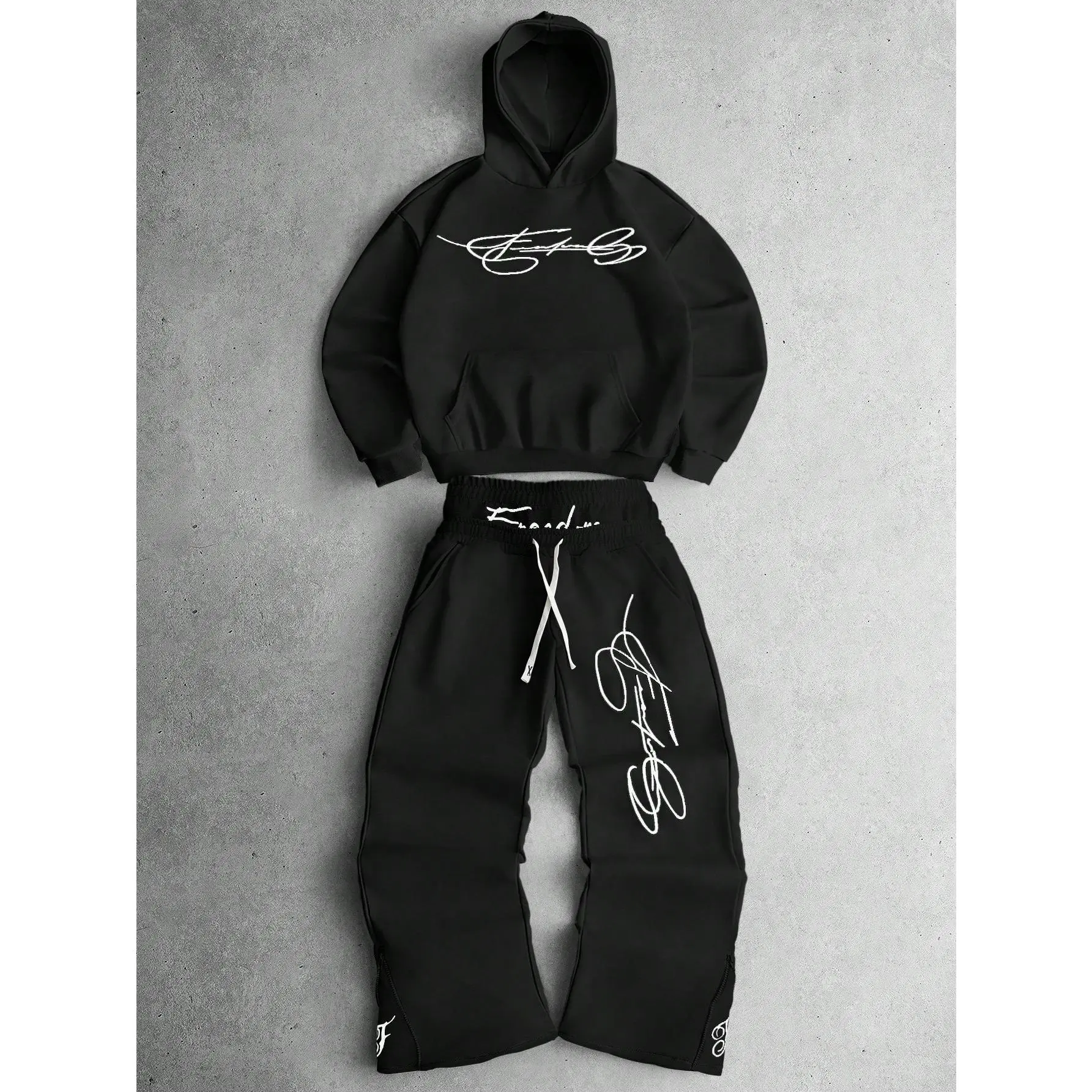 Men's Streetwear Autumn Black And White 2 In 1 Hoodie & Pants Set,Freedom Embroidery Dual Waistband Zipper Leg Hem,Work Street-Style Matching Outfits