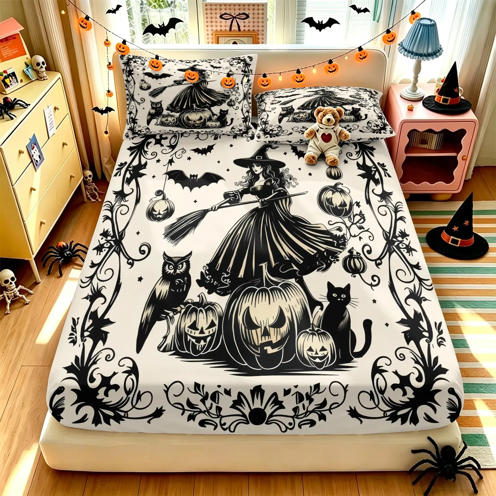 Classic Witch Pumpkin Halloween Fitted Sheet Set (1 Fitted Sheet + 2 Pillowcases), Soft Breathable Microfiber, All‑Around Elastic Deep Pocket Non‑Slip Bedding, Owl Black Cat‑Print Bed Sheet Design, Premium Halloween Gift