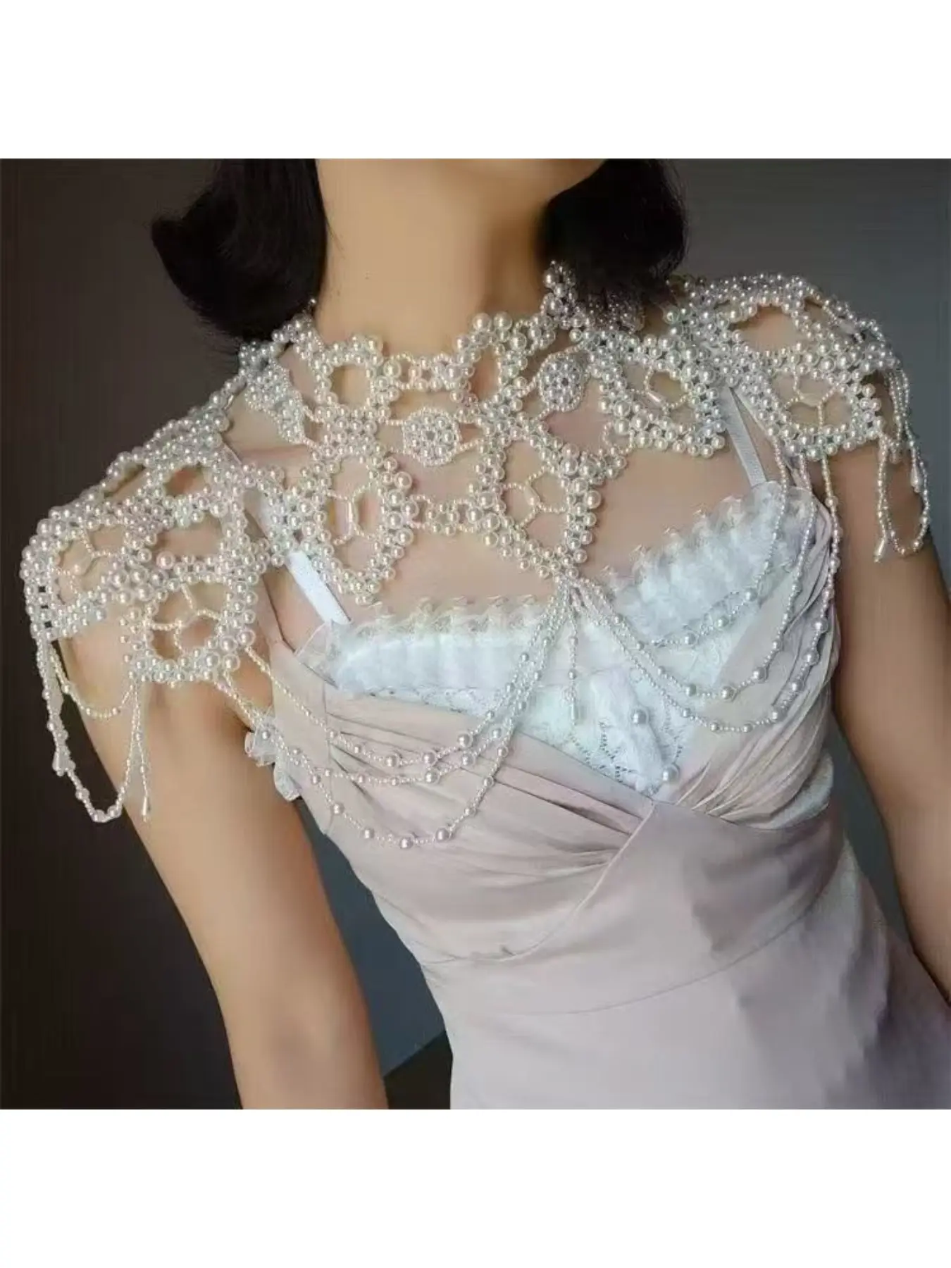 European and American Cross-border Retro Elegant Woven Shawl for Dress, Pearl-Embellished Bold and Sensual Body Chain, Slim-Fit and Versatile Evening Gown