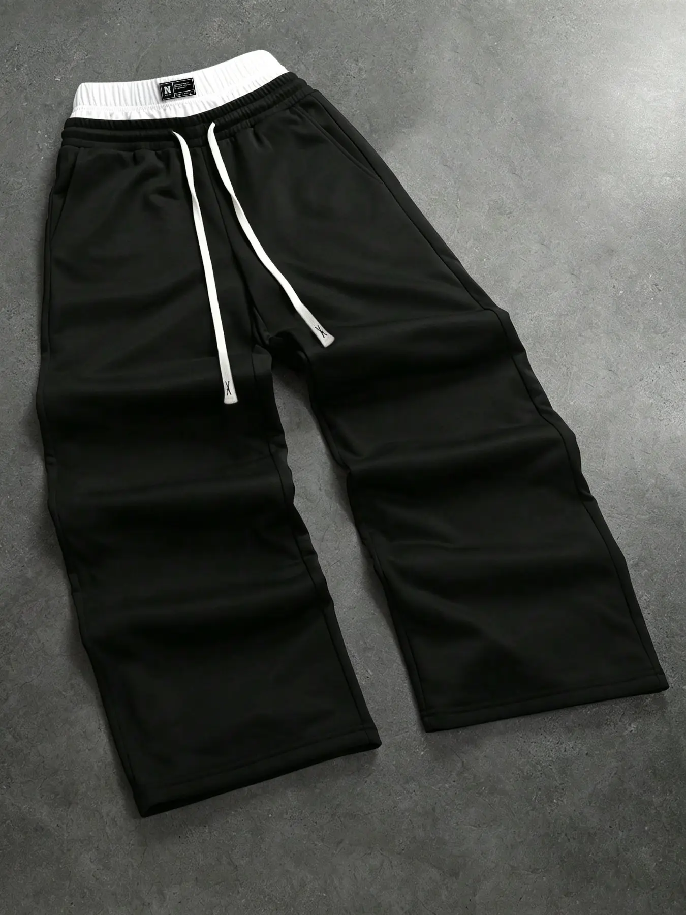 2026 Trending Korean Hip Hop Oversized Wide Leg Track Pants, Menswear, Solid Black Elastic Waist Cord End White Drawstrings Thin Skin-Friendly Wrinkle-Free Unprinted Casual Baggy Bottoms Ideal For Teen Skate Sports Travel Vacation Daily