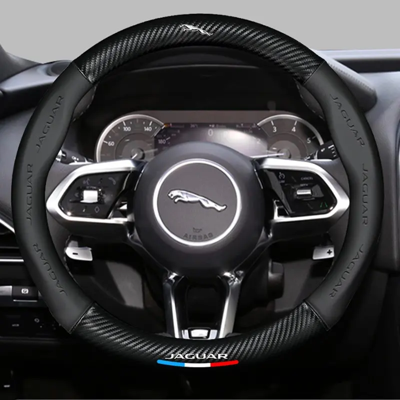 38cm Anti-Slip Car Carbon Fiber Leather Steering Wheel Cover Replacement For Jaguar E-PACE F-PACE F-TYPE I-PACE XE XF XK XJR XJ XEL XFR XFL Auto Accessories