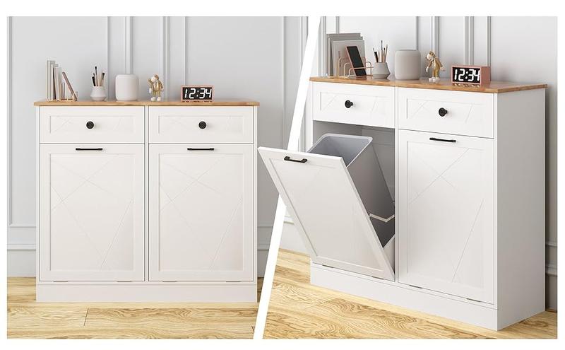 Vabches Trash Cabinet Double Trash Can, Free Standing Recycling Trash Cabinet With 2 Drawers For Kitchen