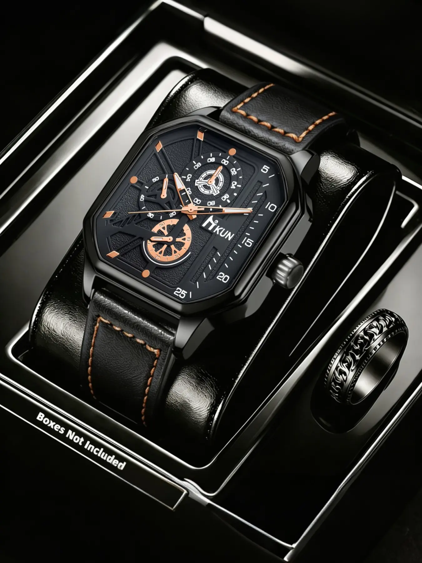 2pcs Men's Business Style Watches and Rings Set, Perfect Gift for Father's Day, Birthday, Anniversary, Surprise Present for Him