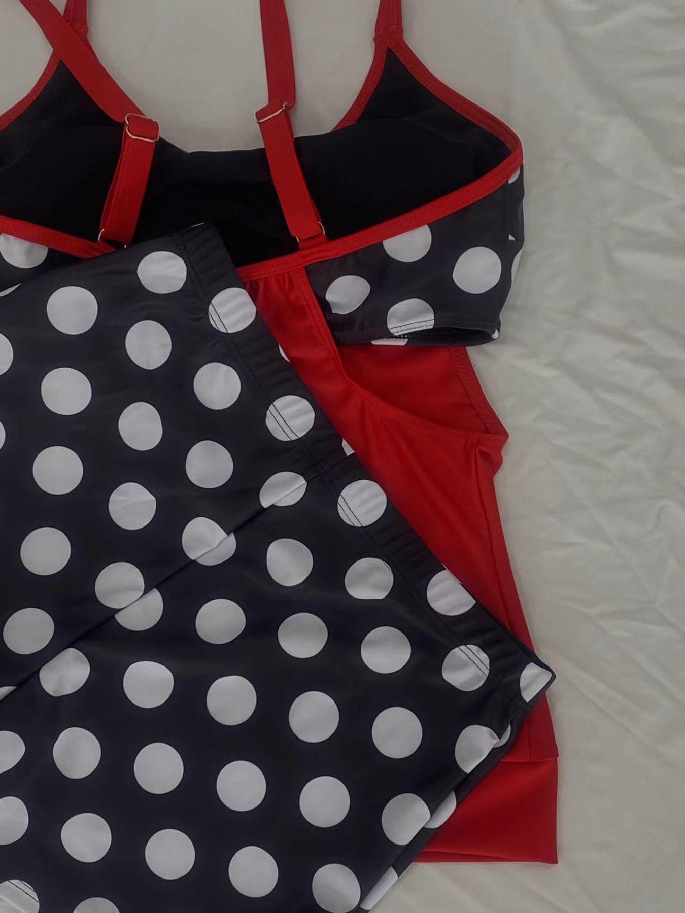 Playful 2026 Polka Dot Tankini Set with Flowy Cover-Up & Tummy Control – Perfect for Beach Vacations & Family Approved Swim |   2026 Women’s Swimsuits, Two Piece Swimsuits with Shorts, Trendy Red & Black Bathing Suit tropical print lace rib bikini