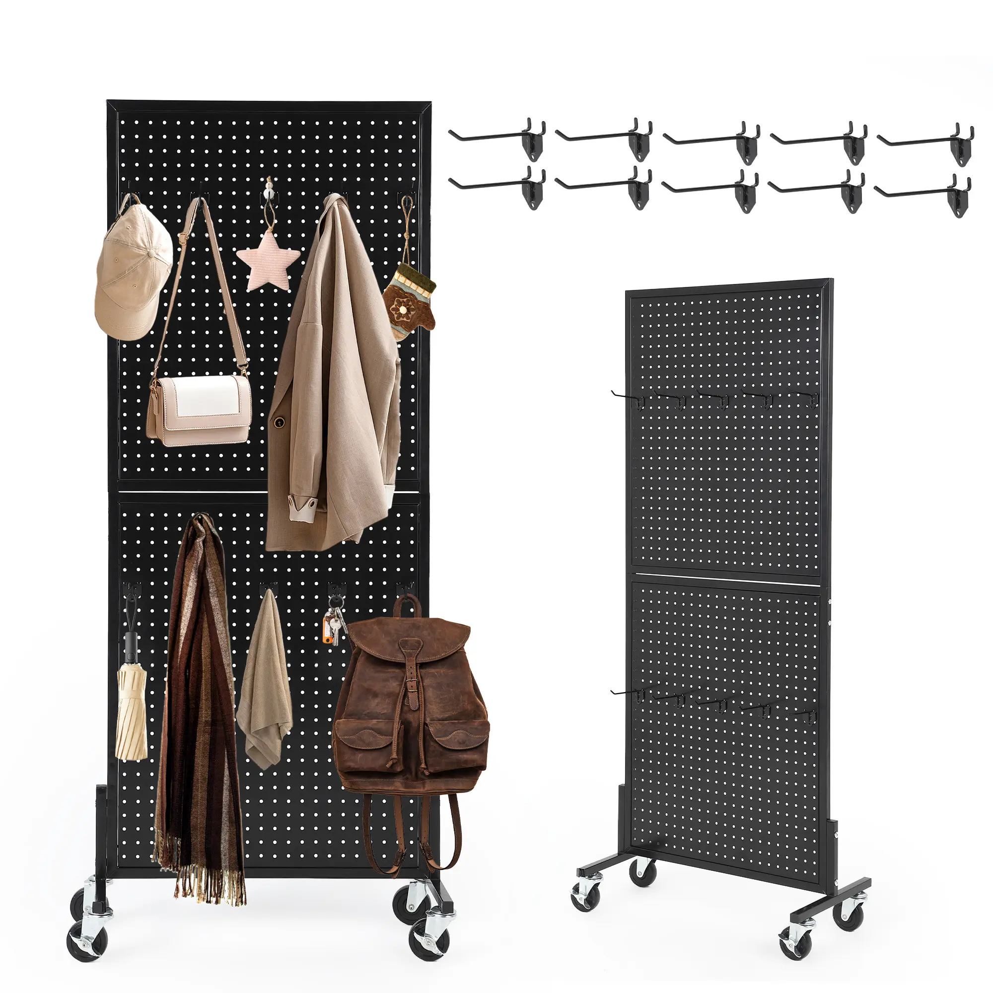 Rolling Metal Pegboard Display Stand for Garage Storage - Heavy-Duty T-Base Floor Rack, Modular 2-in-1 Panels, Lockable 360° Wheels, Includes 10 Hooks