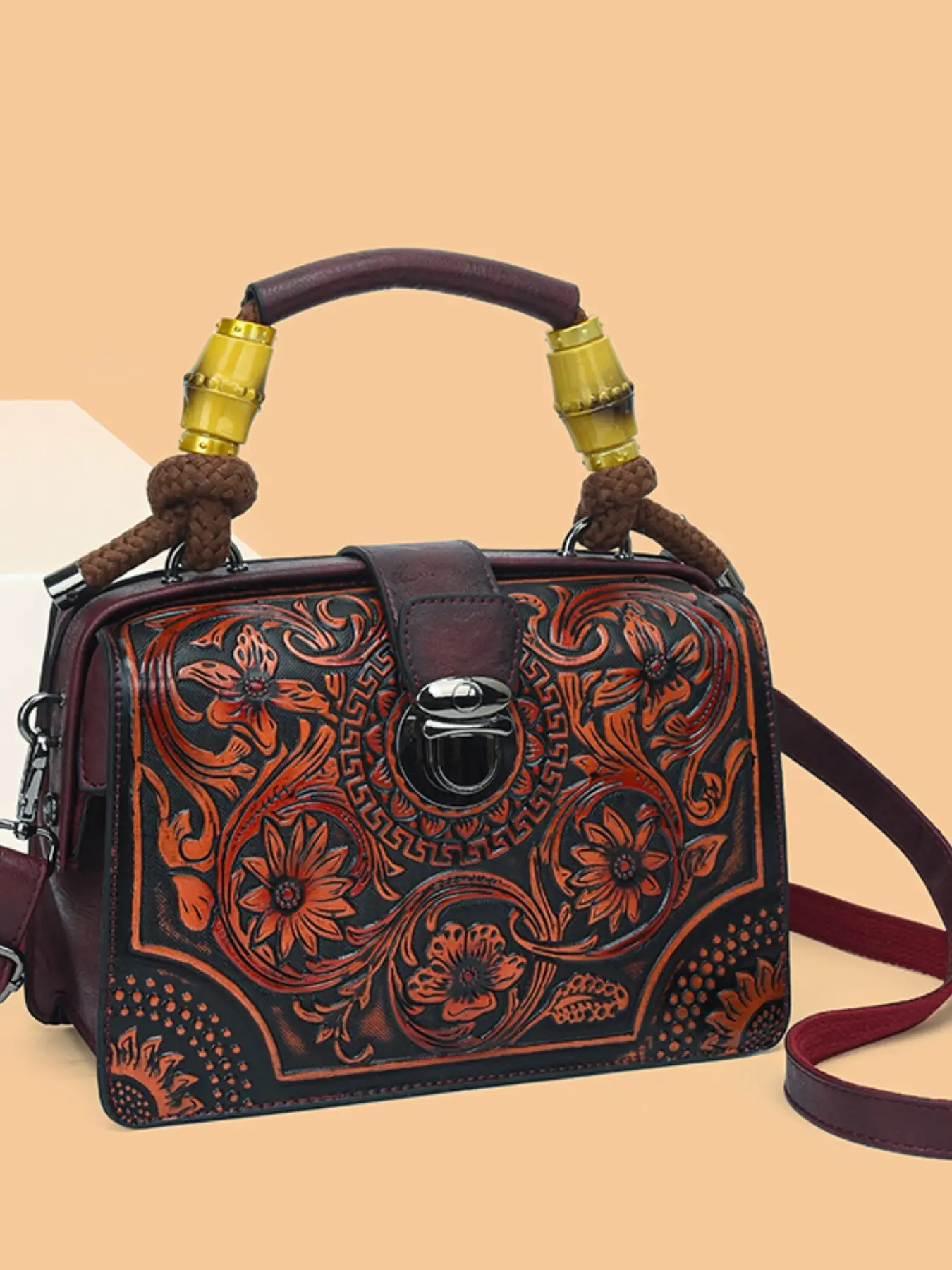 Women's Handbag, New Retro Embossed Flower Bamboo Design, Large Capacity Crossbody Bag, Ethnic Style, Perfect for Daily Use, Gifts for Mom and Wife