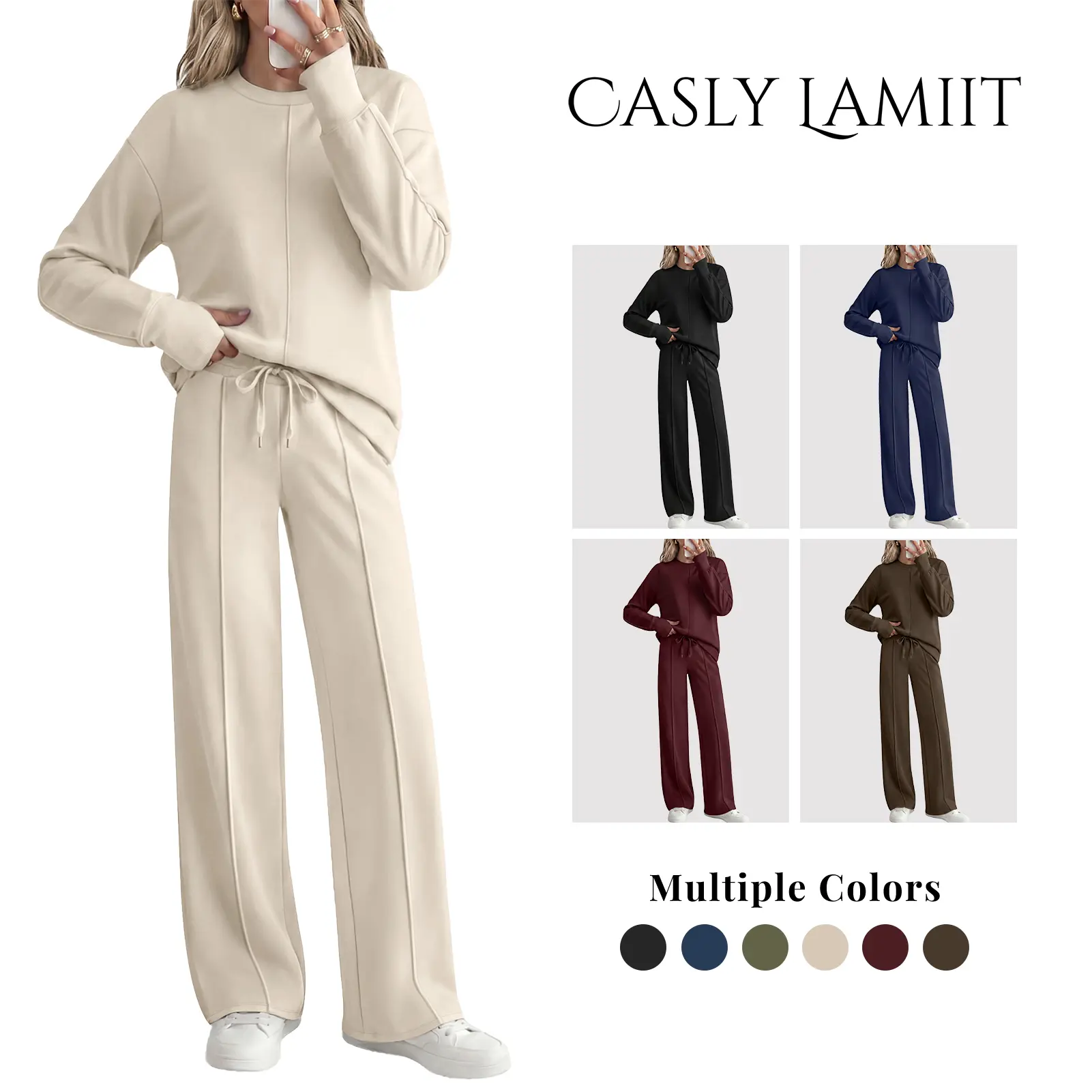 Casly Lamiit Women's 2-Piece Lounge Set - Cute High Waist Basic Style Sports Loungewear, Rayon Spandex Fabric Long Sleeve Crew Neck Top & Wide Leg Pants with Pockets, Longsleeves, Comfy Sets, Casual Fashion Set