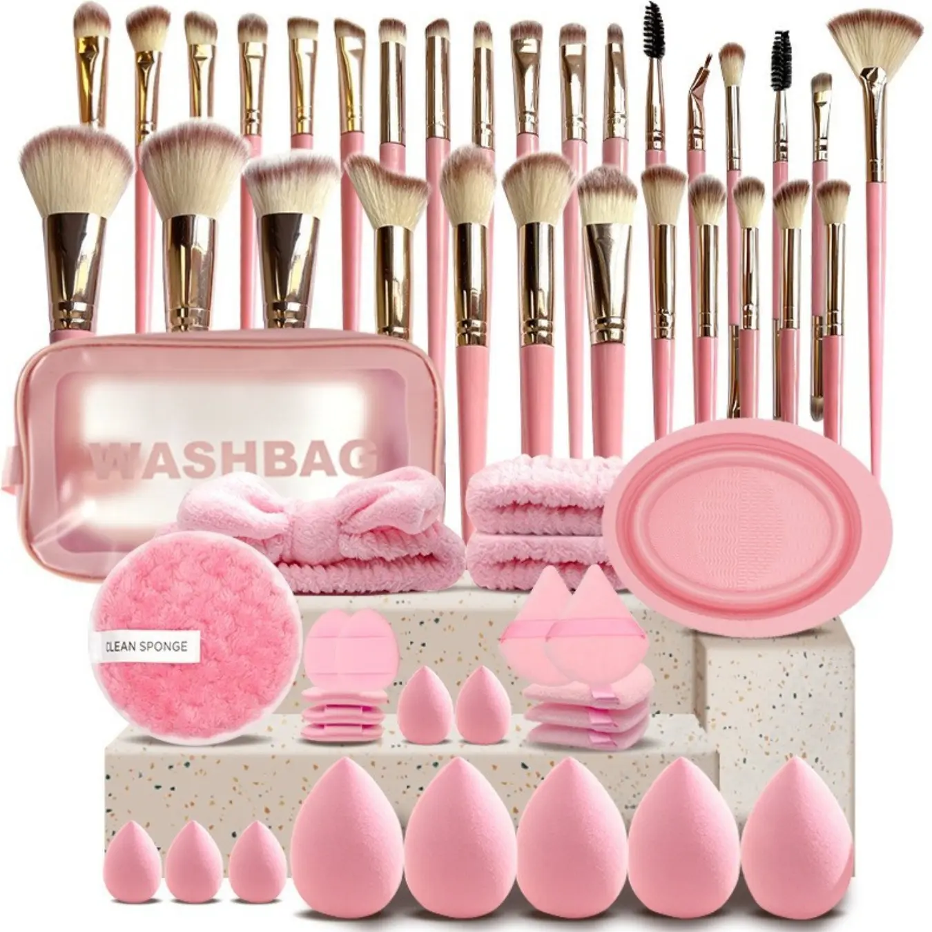 Complete Makeup Brush Set with Beauty Sponges & Cleaning Tools, Soft Synthetic Brushes with Storage Wash Bag, Full Cosmetic Kit for Beginners Daily Makeup Multiple Color Options