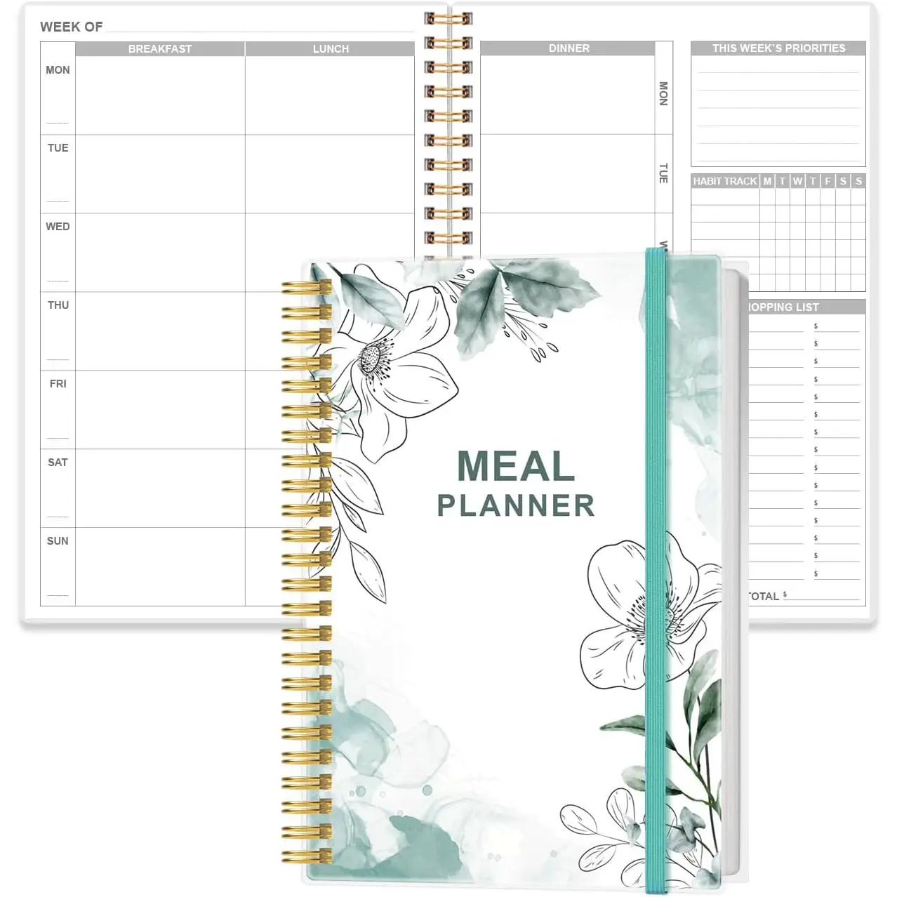 Weekly Meal Planner - A5 Weekly Meal Prep Journal with Shopping and Grocery Lists, 186 Pages  Diet &  , Undated, 52 Weeks, Lasts 1 Year, Blue Flower