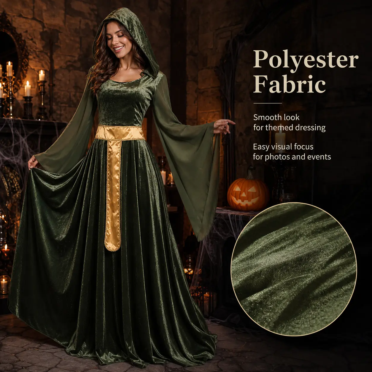 Women's Olive Green Vintage Hooded Wizard Robe - Polyester-Velvet Medieval Fantasy Long Gown with Golden Flare Chiffon Sleeves, Adult Halloween Cosplay Costume for Party Masquerade Clothes