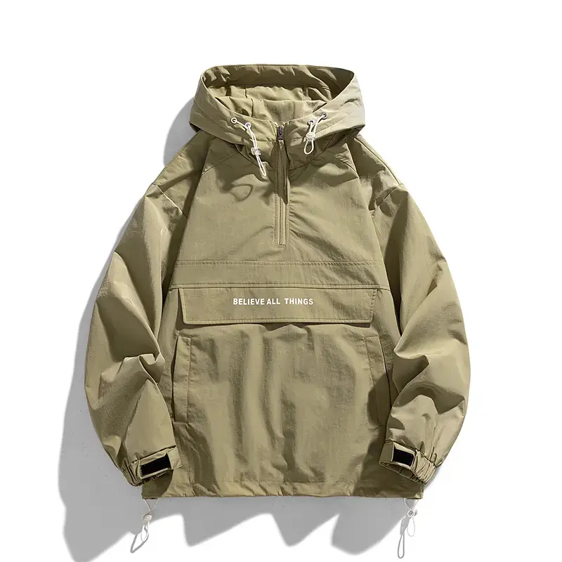 Men's Half Zip Windbreaker Jacket Lightweight Hooded Coat with Drawstring Hem and Side Pockets, Suitable for Teens and Adults, Oversized Streetwear Outdoor Sports Jacket, Olive Green/Other Colors All Season Casual Jacket, Menswear Stylish Big Loose