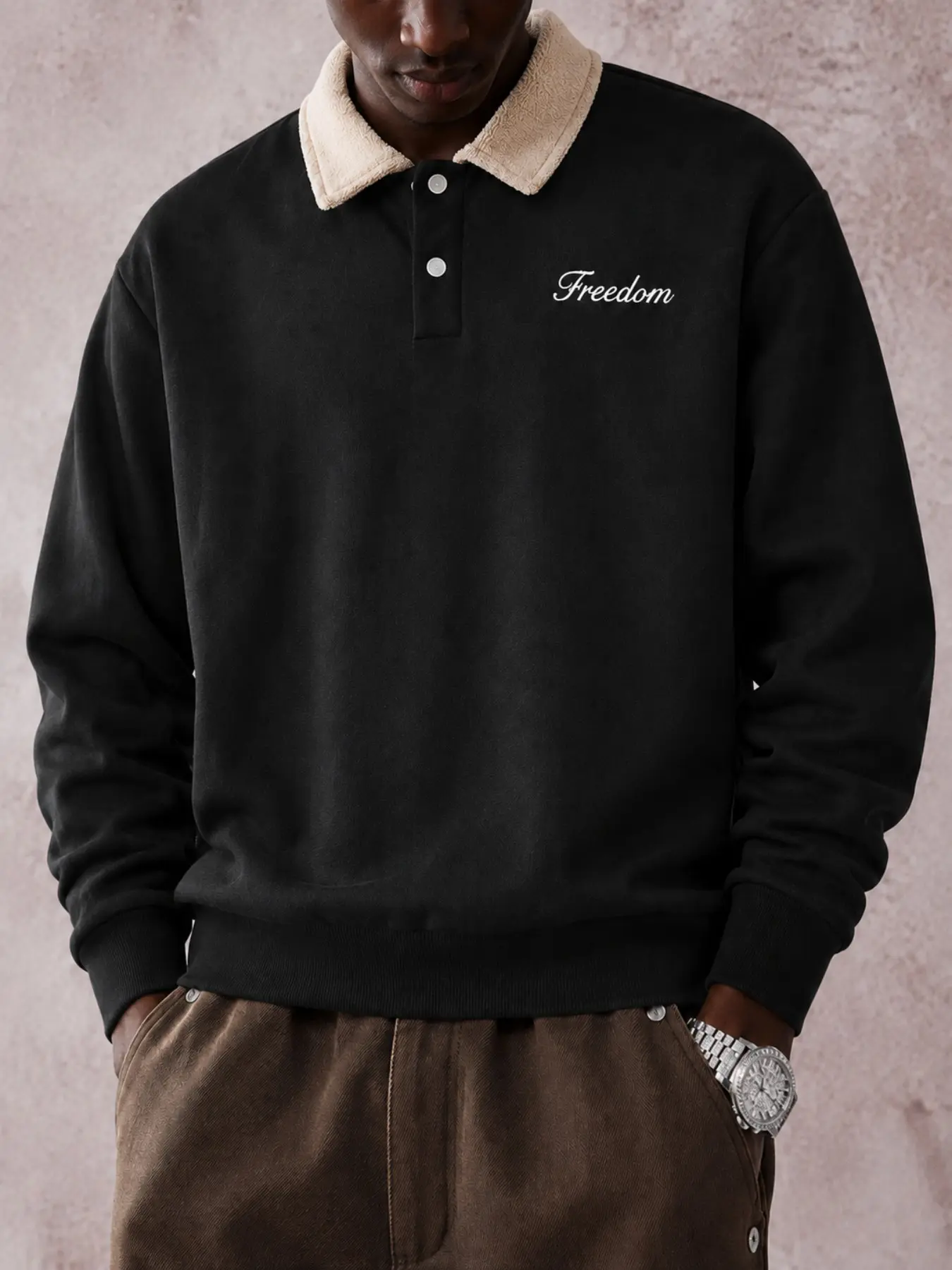 Vintage Colorblock Fleece Collar Polo Sweatshirt, Body with Lamb Fleece Collar, Freedom Embroidery, Loose Fit, Casual Style