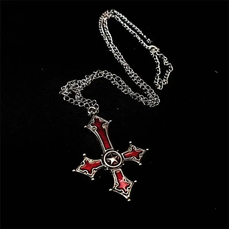 2026 New Hot Polyester Unisex Red Crimson Bloody Inverted Upside Down Cross Pendant Necklace - Vintage Gothic Occult Clothes Accessory, Ideal Gift