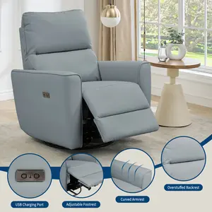 OUTGOODS Blue Power Swivel Rocker Recliner Chair, PU Leather Upholstered Reclining Sofa with Adjustable Footrest, Curved Armrest & USB Charging Port for Living Room